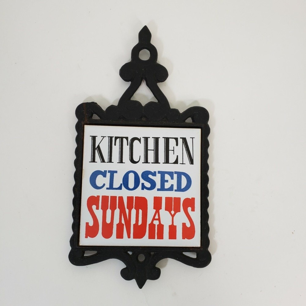 Vintage Ceramic Wrought Iron Trivet Kitchen Closed Sundays 7 star Made In Taiwan